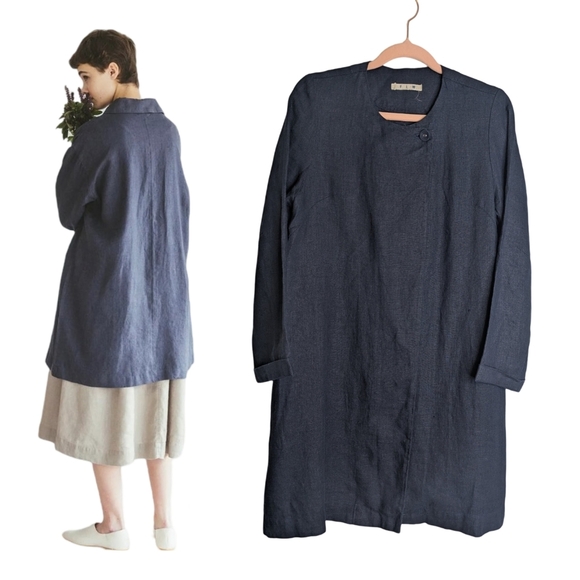 FLW Fog Linen Work Blue Longline Linen Jacket Size S/M - Picture 1 of 4